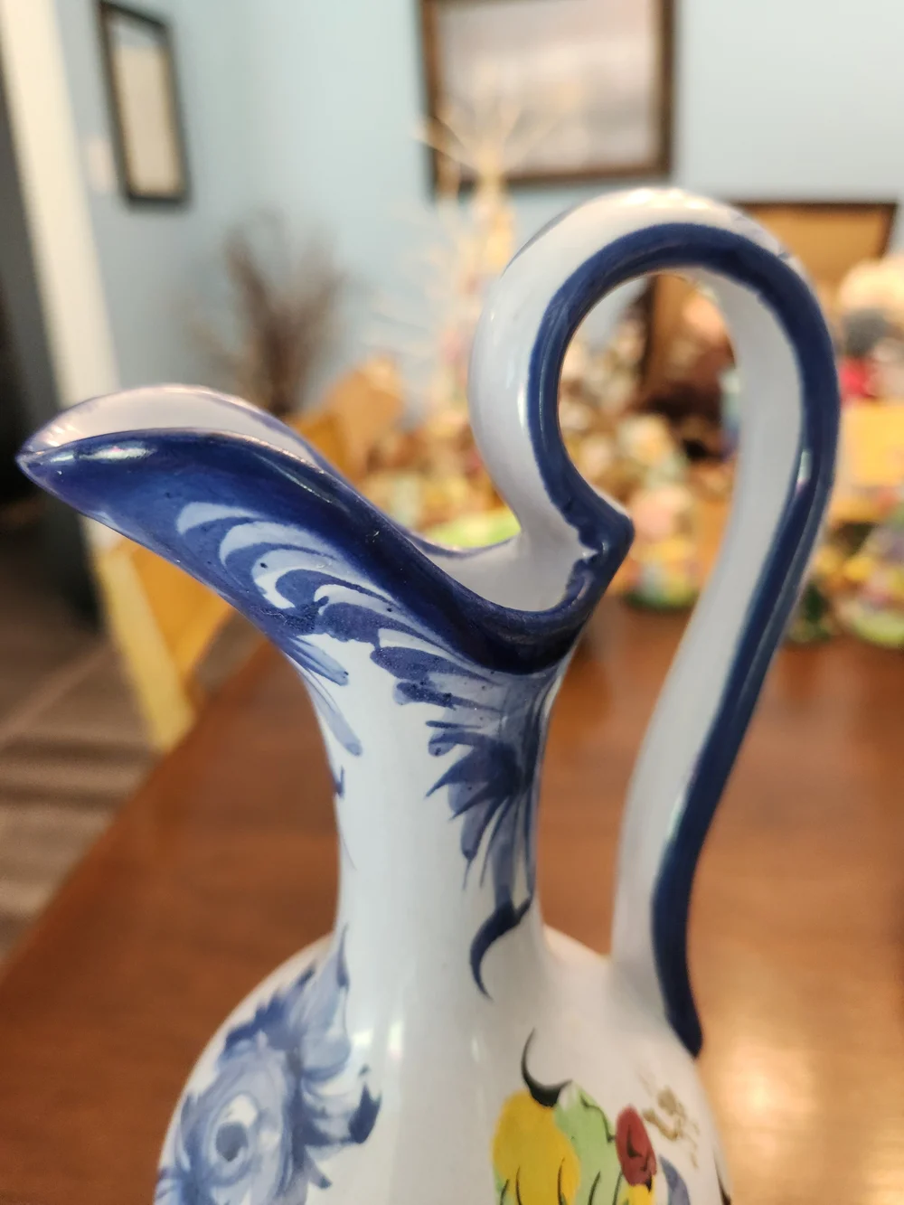 Potuguese Hand-Painted Blue Floral Ceramic Ewer - Elegant Home Accent